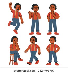 Cartoon Vector Character – African American Boy with Headphones in 6 Fun Poses