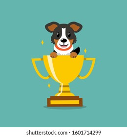 Cartoon vector character american shepherd dog with gold trophy cup award for design.