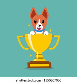 Cartoon vector character basenji dog with gold trophy cup award for design.