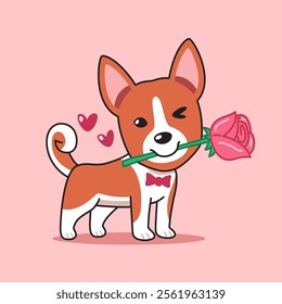 Cartoon vector character basenji dog with rose in mouth for valentine's day work.