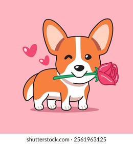 Cartoon vector character corgi dog with rose in mouth for valentine's day work.