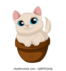 Cartoon vector character of a cute cat sitting in a flower pot.Cartoon vector illustration.Adorable kitty.Vector illustration isolated on white background.