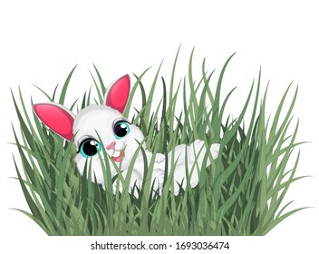 Cartoon vector character of a cute rabbit lying and resting in the high green grass.Cartoon vector illustration.Charming bunny in the field.Vector illustration isolated on a white background.