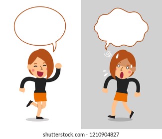 Cartoon vector character cute woman expressing different emotions with speech bubbles for design.