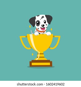 Cartoon Vector Character Dalmatian Dog With Gold Trophy Cup Award For Design.