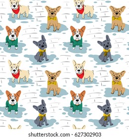 Cartoon vector character french bulldog seamless pattern. Funny puppies in cute clothes wallpaper. Domestic pet illustration. 