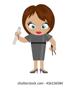 Cartoon vector character girl/woman arcitect with some finished plans in her hand