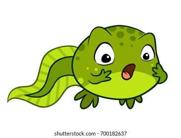 Cartoon vector character illustration of a cute green baby tadpole looking surprised, with wide eyes and open mouth, hands on cheeks. Showing human emotion, feeling shocked, stunned or excited. 