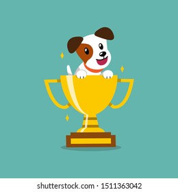 Cartoon vector character jack russell terrier dog with gold trophy cup award for design.