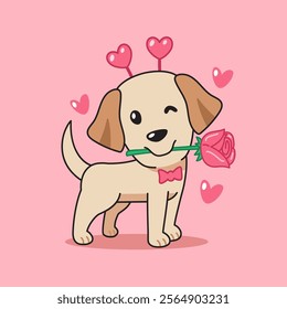 Cartoon vector character labrador retriever dog with rose in mouth for valentine's day work.