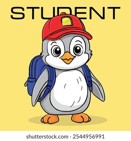 Cartoon vector character Penguin with a backpack goes to school. Series of pictures for printing, print for clothes, postcards, banners, illustrations. Yellow background