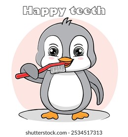 Cartoon vector character Penguin brushing teeth with toothbrush. Series of pictures for printing, print for clothes, postcard, banner, illustration