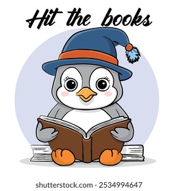 Cartoon vector character Penguin reading a book. Series of pictures for printing, print for clothes, postcards, banners, illustrations
