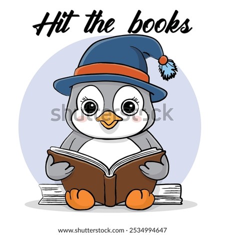 Cartoon vector character Penguin reading a book. Series of pictures for printing, print for clothes, postcards, banners, illustrations