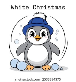 Cartoon vector character Penguin with snowballs. Series of pictures for printing, print for clothes, postcard, banner, illustration