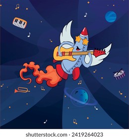 Cartoon vector character rocket playing guitar. Children's character in space. Vector illustration. Rock'n roll in space.