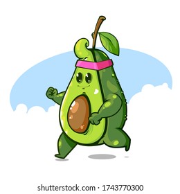 Cartoon vector character of running avocado, ecology food, time for sport