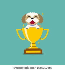 Cartoon vector character shih tzu dog with gold trophy cup award for design.