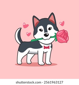 Cartoon vector character siberian husky dog with rose in mouth for valentine's day work.