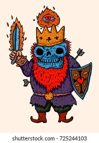 Cartoon vector character. The skeleton king with fiery sword and shield with a burning eye