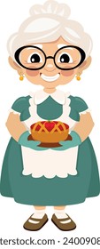 Cartoon vector character stereotypical grandma baker holding berry pie in her hands in the traditional image of a sweet and kind elderly woman