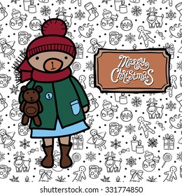 Cartoon vector character teddy bear. Greeting card with Merry Christmas text in frame. On seamless pattern background. 