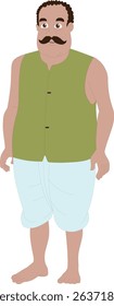 Cartoon Vector Character of Traditional Indian Village Man in Dhoti and Waistcoat | Desi Rural Male with Mustache for 2D Animation, Educational Videos, Games, and Explainer Scenes

