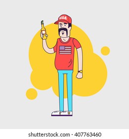 Cartoon vector character. Truck driver with mustache in cap. Illustration of the american redneck with big belly, is holding a beer bottle. Resident of the southern states. Linear flat style