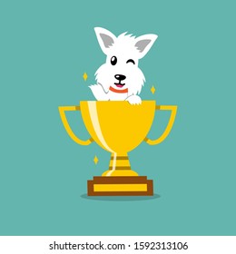 Cartoon vector character white scottish terrier dog with gold trophy cup award for you design.