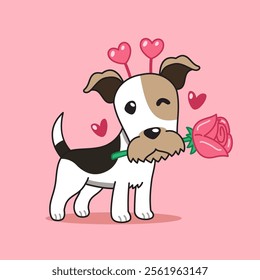 Cartoon vector character wire fox terrier dog with rose in mouth for valentine for design.