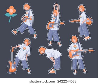 CARTOON VECTOR CHARACTER OF A WOMAN IN THE APPEARANCE OF A CHEERING GUITARIST