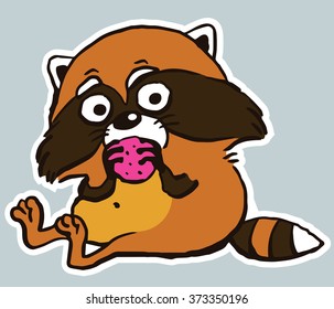 Cartoon. Vector. Characters.  Isolated objects. 
Icon sticker funny raccoon, who eats a cookie.