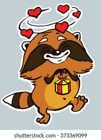 Cartoon. Vector. Characters.  Isolated objects. Icon sticker funny happy raccoon.
