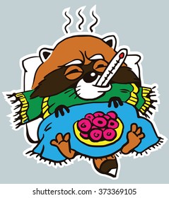 Cartoon. Vector. Characters.  Isolated objects. 
Icon sticker funny raccoon who is sick