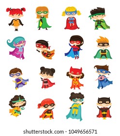 Cartoon vector characters of Kid Superheroes in the comics costumes 