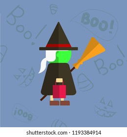 Cartoon vector characters of kid wearing Halloween costume of witch with bag in hand isolated on abstract background with scary faces, candies and Boo! signs 
