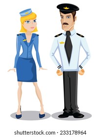 Cartoon vector characters of pilot and stewardess