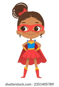 Caracteres vectoriales de dibujos animados Superheroe Black Girl, aislados en fondo blanco. Perfecto para fiestas, invitaciones, web, mascota.