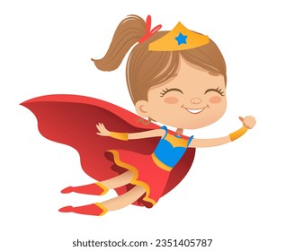 Caricaturas vectoriales Superheroe Fllying Girl, aisladas en fondo blanco. Perfecto para fiestas, invitaciones, web, mascota.