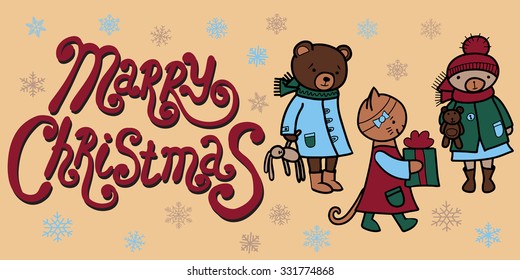 Cartoon vector characters teddy bears and cat in winter close. Greeting card with Merry Christmas text.