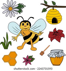 Cartoon vector cheerful bee, a beehive on a branch, honeycombs, a jar of honey, flowers, and grass. Colorful clipart bees on the lawn