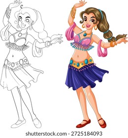 Cartoon vector of cheerful belly dancer, vibrant colors, outlined and colored versions, playful pose
