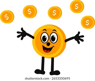 Cartoon vector cheerful coin personage exudes luck, wealth, financial success