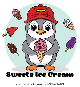 Cartoon vector children's character Penguin with delicious ice cream. Series of pictures for printing on fabric, printing on clothes, cards, banners, illustrations
