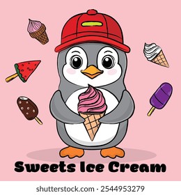 Vector de dibujos animados personaje infantil Pingüino con sabroso helado sobre un fondo rosa. Una serie de imágenes para imprimir en tela, imprimir en ropa, postales, Anuncios, ilustraciones