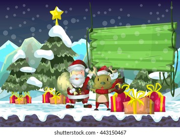 Cartoon vector christmas background with separated layers for game and animation, game design asset