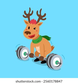 Cartoon vector christmas character reindeer doing barbells weight training for design.