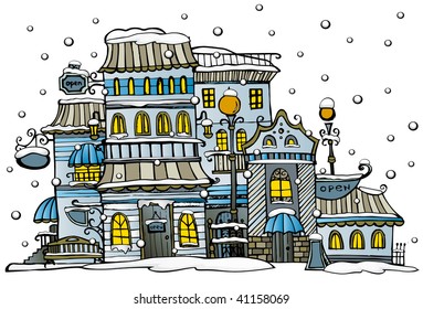 cartoon vector city coated by snow