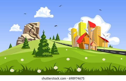 Cartoon vector city. Green landscape with trees, clouds, rock and flowers. Vector background