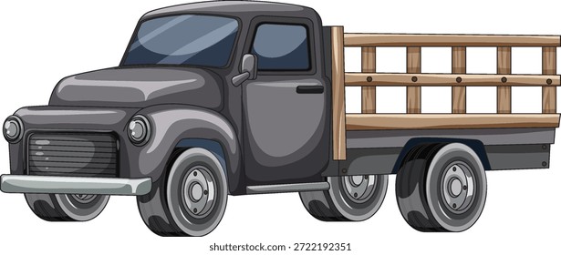 Cartoon-Vektor des klassischen schwarzen Flachbett-LKW, Holzschienen, saubere Linien, einfache Schattierung
